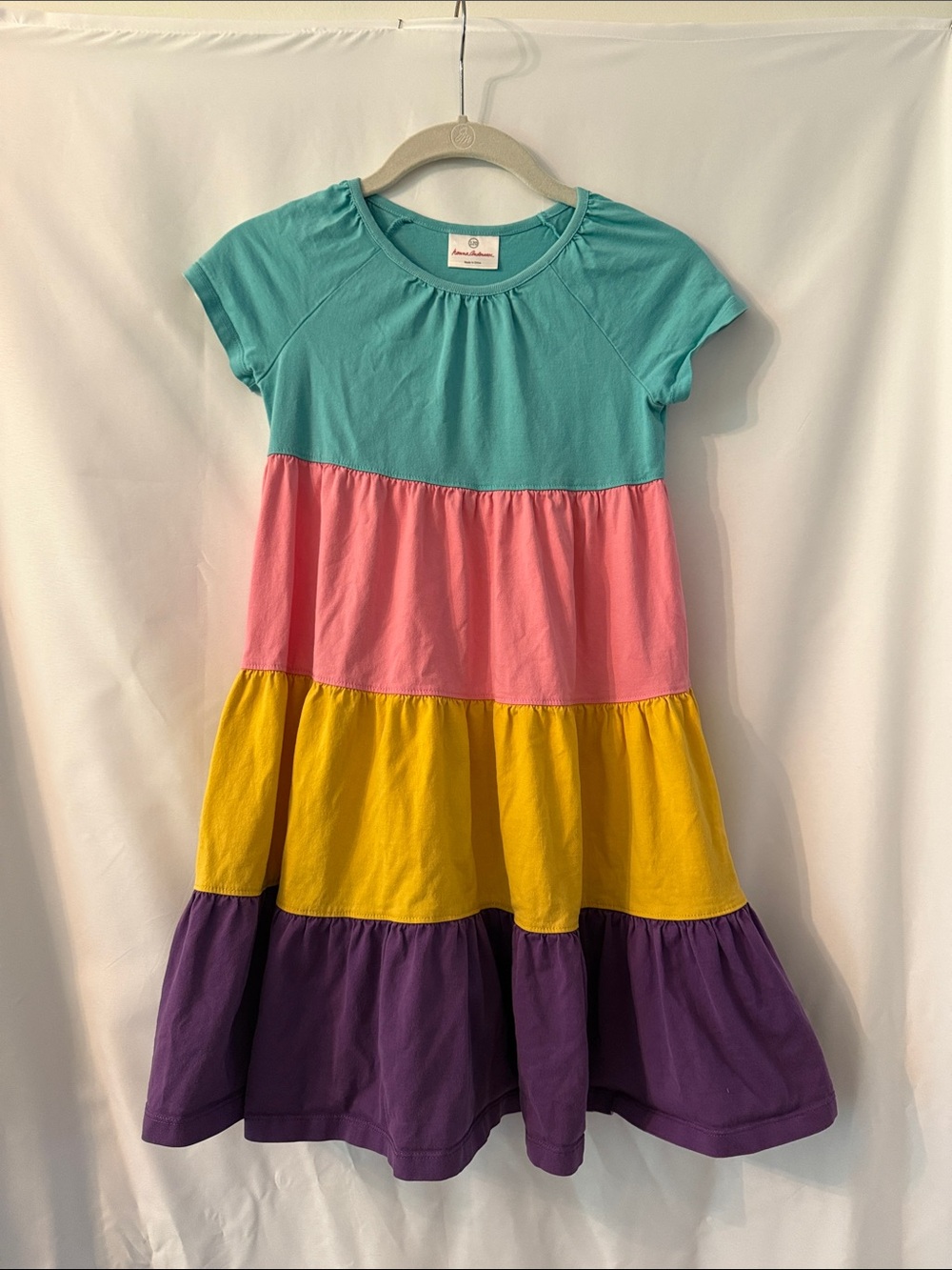 Hanna Andersson Girls Twirl Power Dress in Teal, Pink, Yellow & Purple 6/7